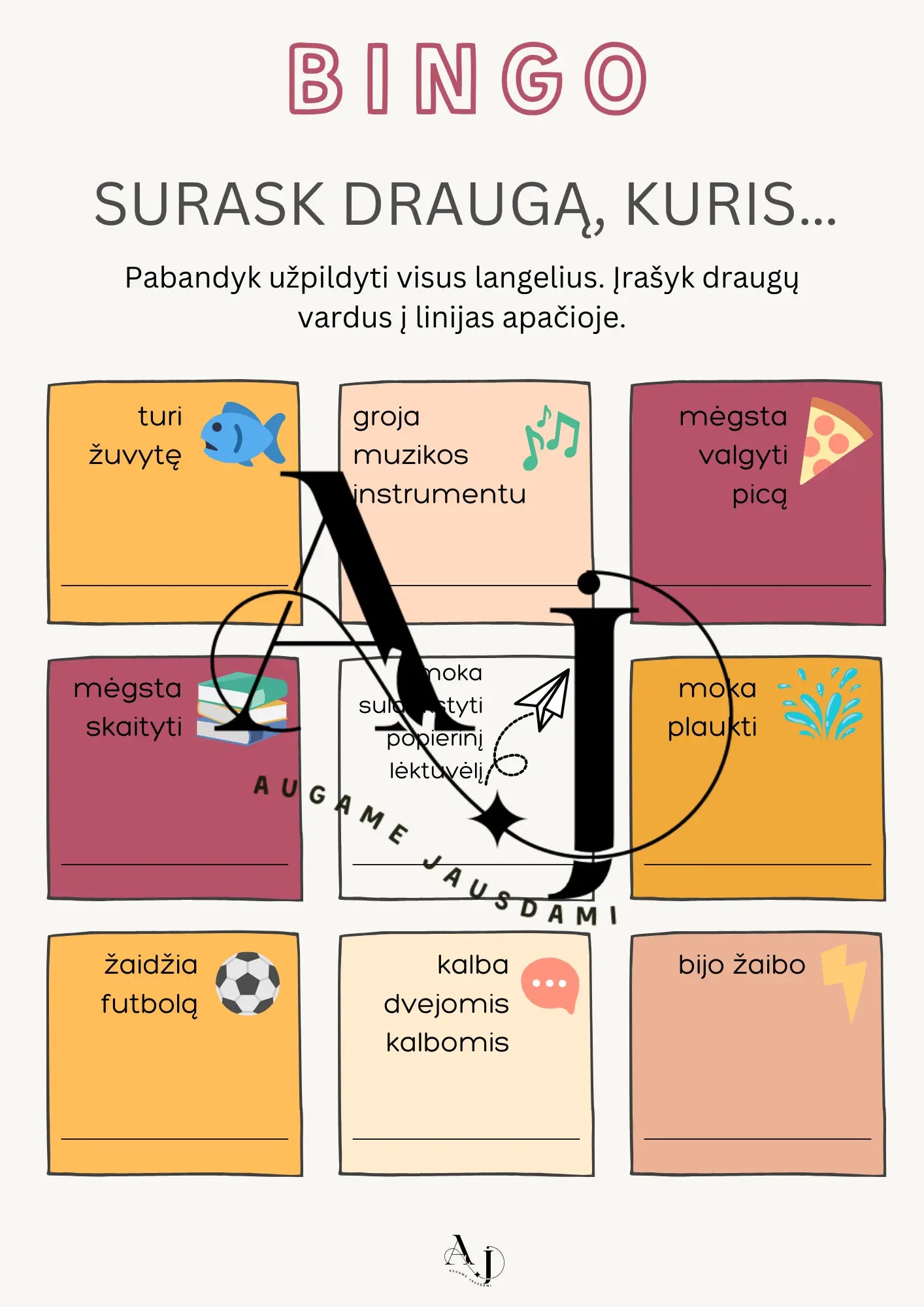 Visapusiško ugdymo užduotys (kognityviniai, kalbiniai ir emociniai įgūdžiai) Augame Jausdami